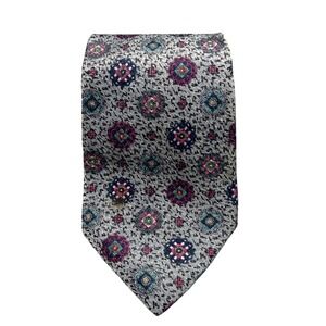 Carriage Stock Limited Mens Silk Tie Grey Pink Teal Geometric Medallion Woven